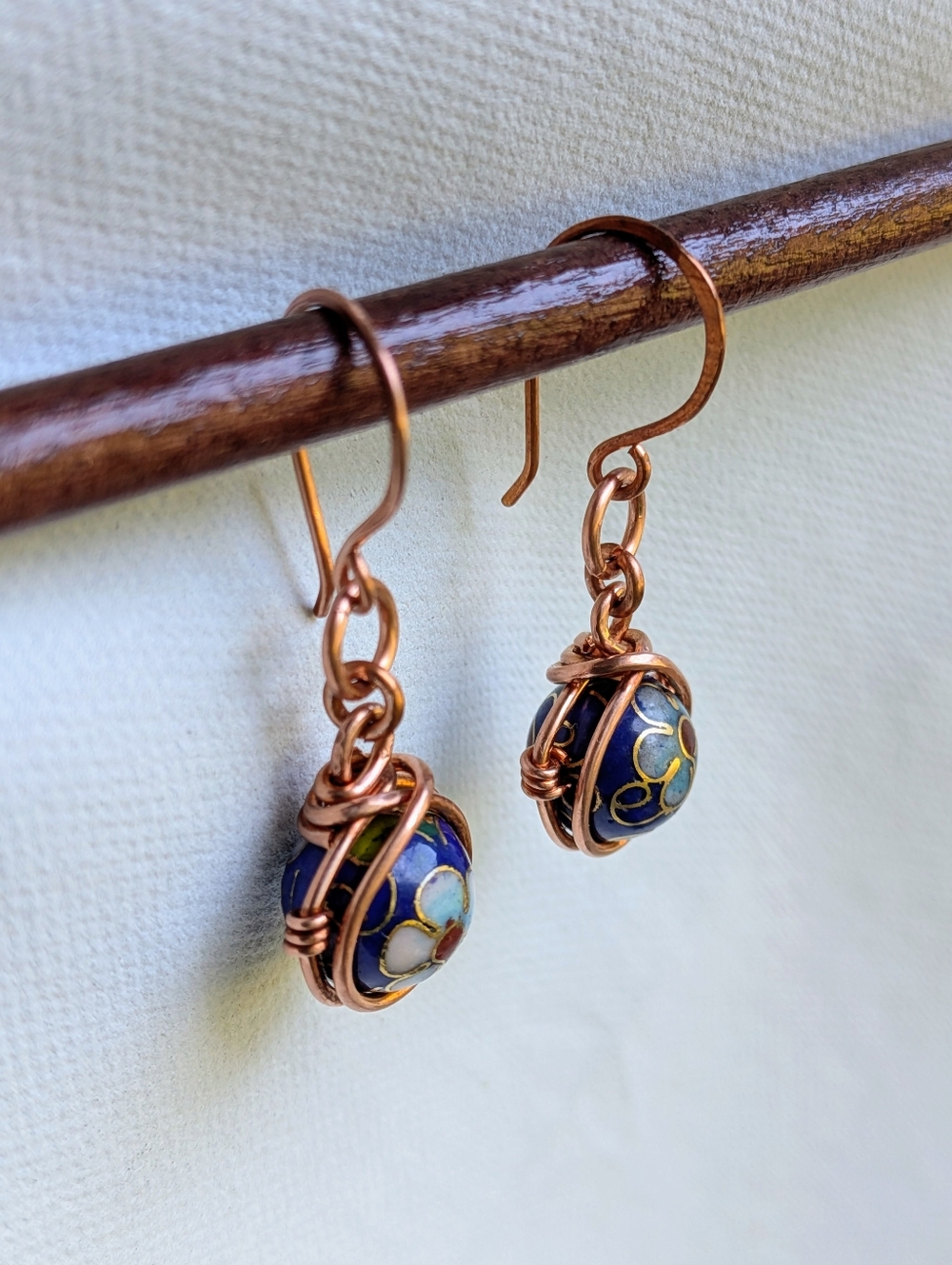 Copper Wrapped Cloisonne Earrings- Colorful Flower Blossom Details - Picture 7 of 12